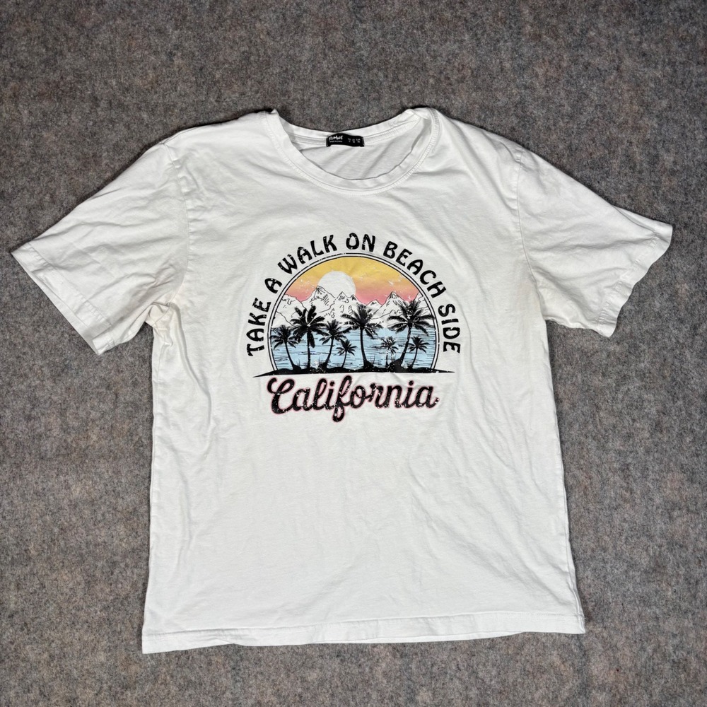 Romwe Graphic T-Shirt Mens Medium White California Beach Side Tee